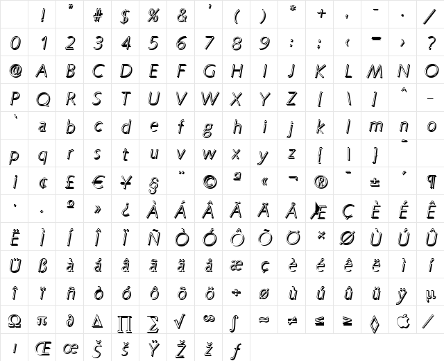 RogerBeckerShadow-Xlight Italic Character Map RogerBeckerShadow-Xlight Italic Character Map