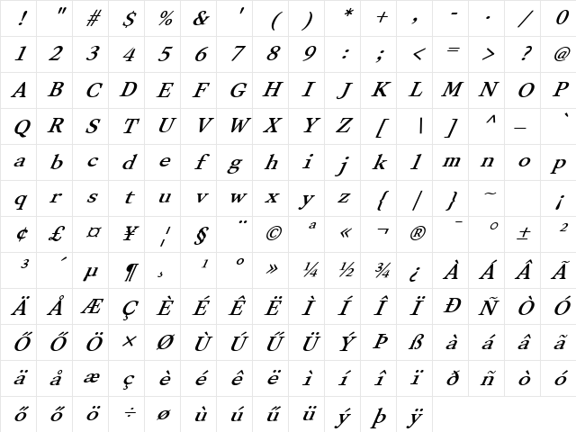 ROMAN28 HU Italic Character Map