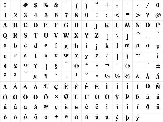 Romana BT Bold Character Map