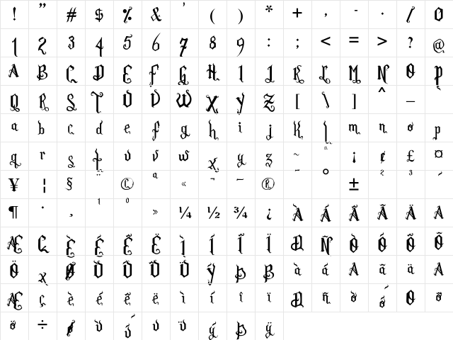 Romance Fatal Goth Regular Character Map