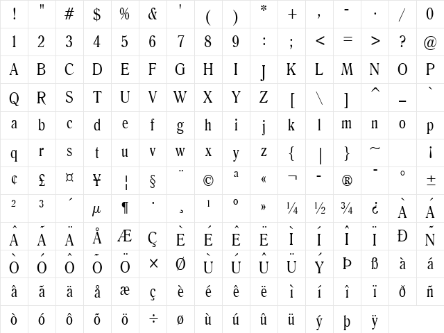 Roomy Condensed Normal Character Map Roomy Condensed Normal Character Map