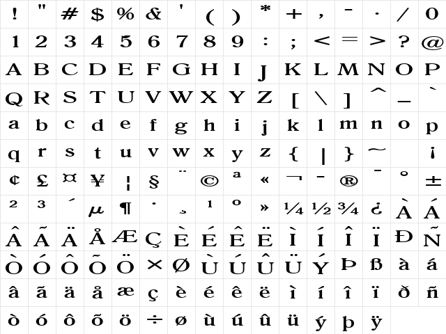 Roomy Extended Bold Character Map