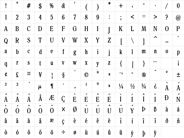 Roomy Thin Bold Character Map Roomy Thin Bold Character Map