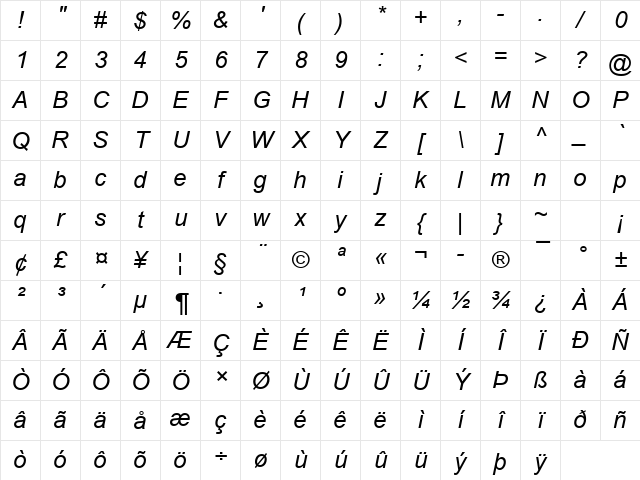 Arial Italic Character Map