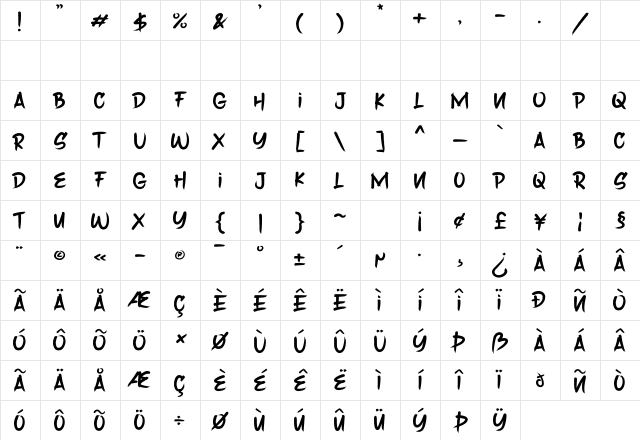 Saber Brush Regular Character Map Saber Brush Regular Character Map