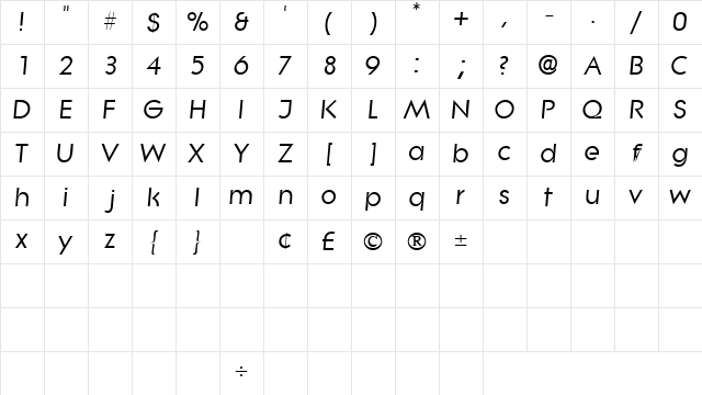 SaborSSK Italic Character Map
