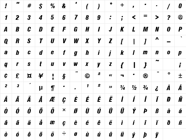 SansCondLH Bold Italic Character Map