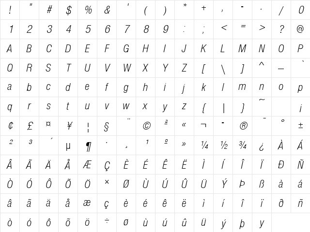 SansCondLH Italic Character Map