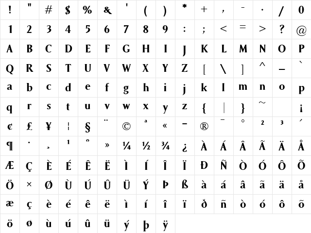 Saga Bold Character Map
