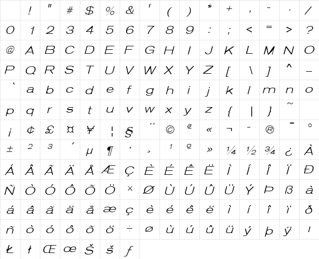 Sage Extended Light Oblique Character Map