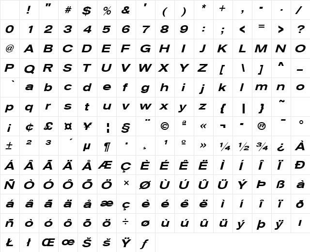 Sage Extended Medium Oblique Character Map