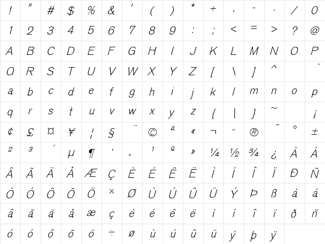 Sage Light Oblique Character Map Sage Light Oblique Character Map