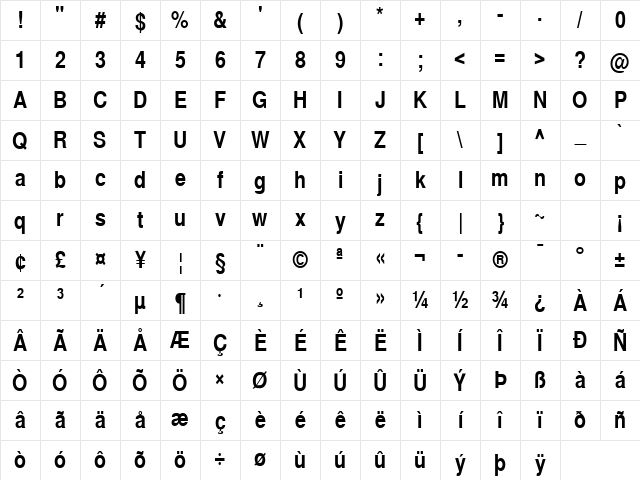 SansCond Bold Character Map