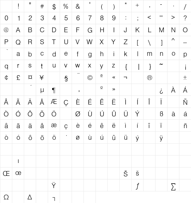 Sans Regular Character Map