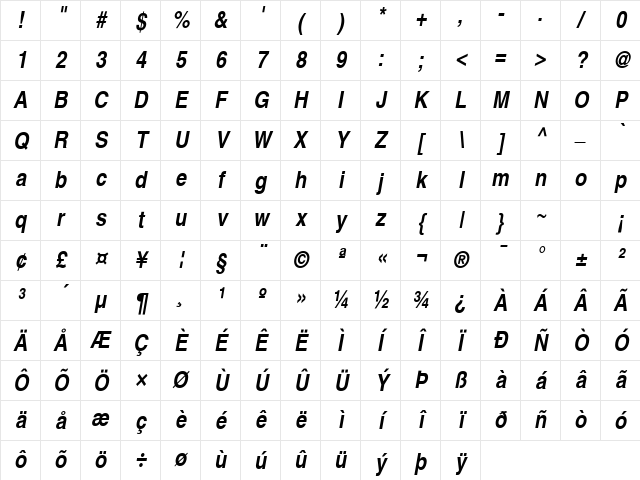 Sans Narrow BOLDITALIC Character Map