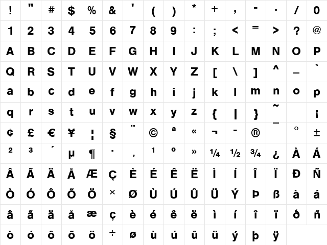 Sans Bold Character Map