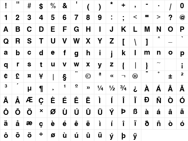 Sans Bold Character Map