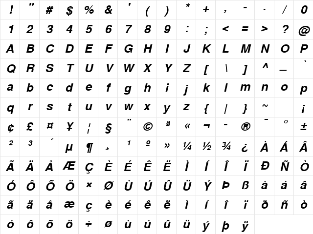 Sans Bold Italic Character Map Sans Bold Italic Character Map