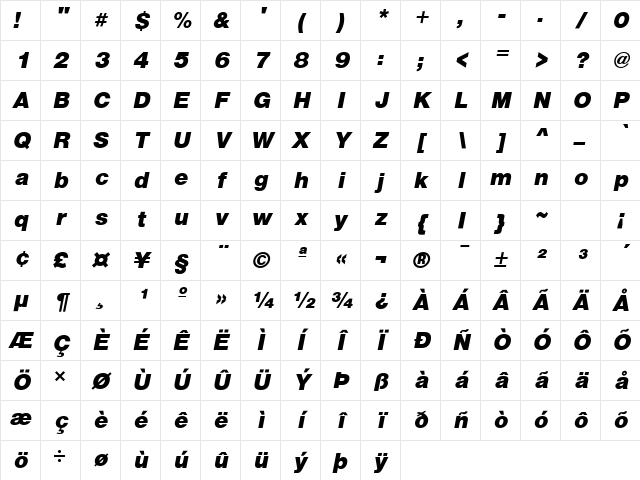 SansBlack Oblique Character Map SansBlack Oblique Character Map