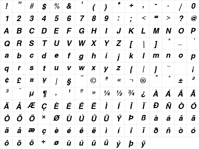 Sans Bold-Oblique Character Map Sans Bold-Oblique Character Map