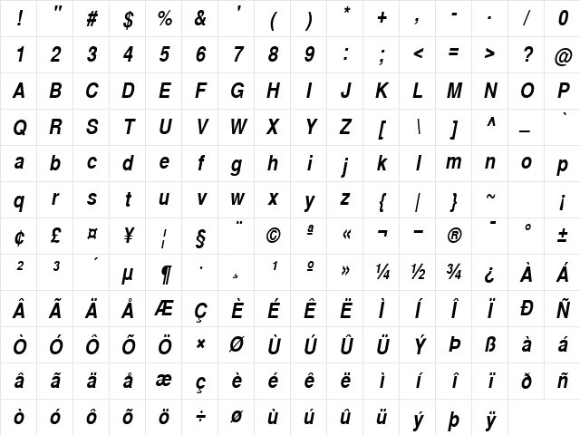 SansCond Bold Italic Character Map