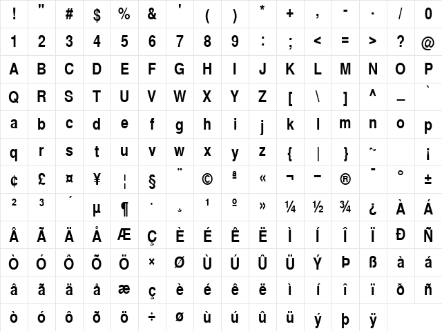 SansCond Bold Character Map