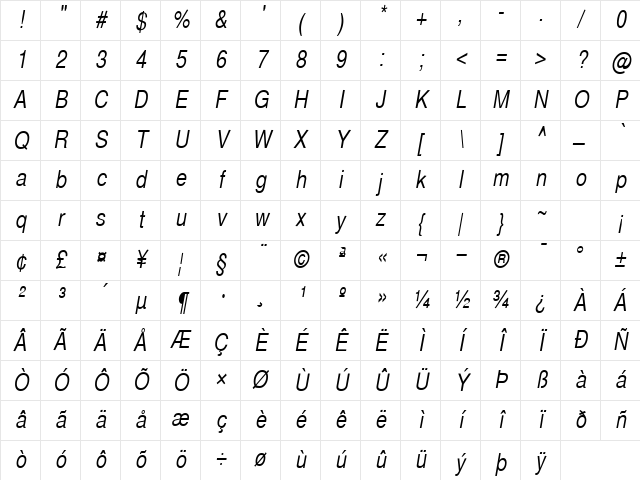 SansCond Italic Character Map