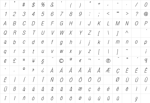 SansCondLH Italic Character Map SansCondLH Italic Character Map