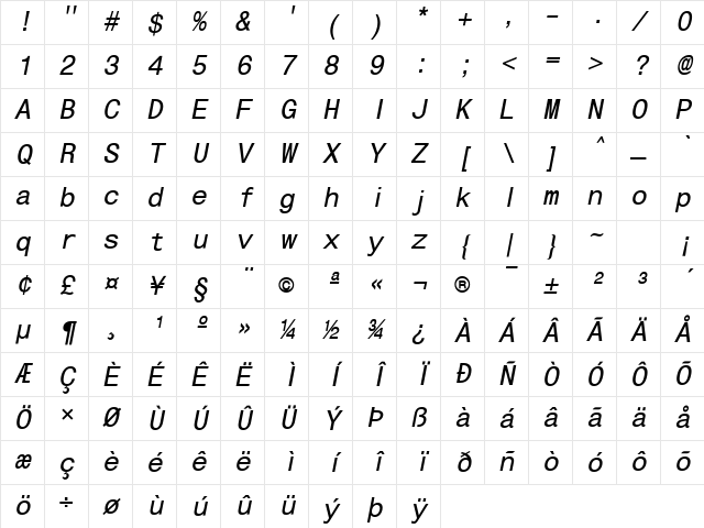 SansMono Oblique Character Map