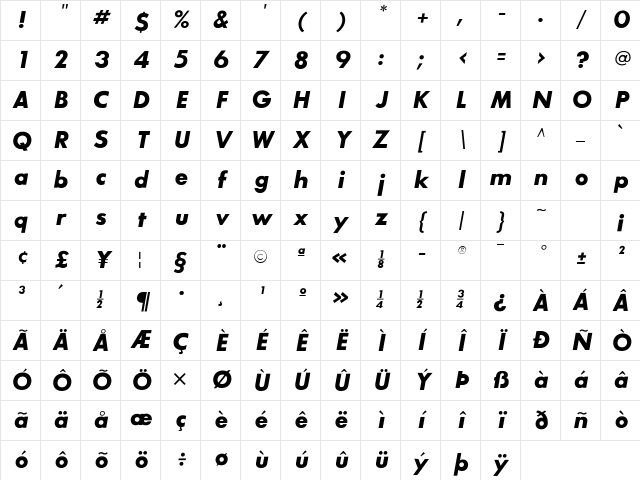 SansSerifBldFLF-Italic Regular Character Map