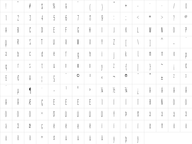 SantanaXtraCondensed Regular Character Map SantanaXtraCondensed Regular Character Map