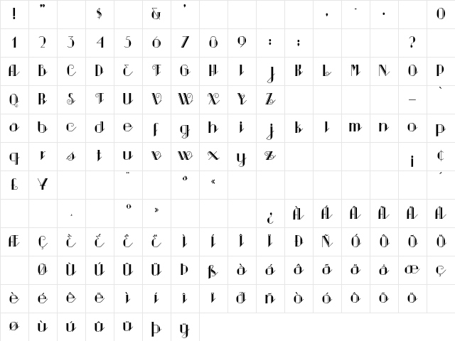 Sarsaparilla Regular Character Map