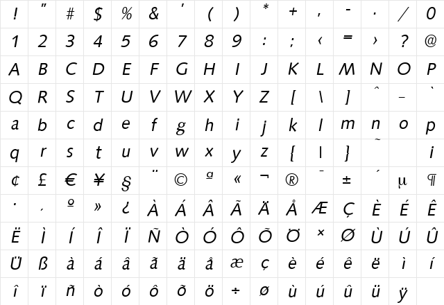 SaxonySerial Italic Character Map