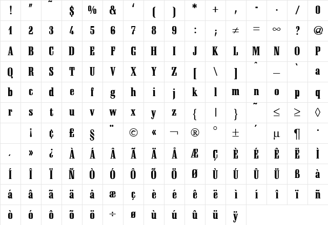 SchadowCondHeavy Regular Character Map