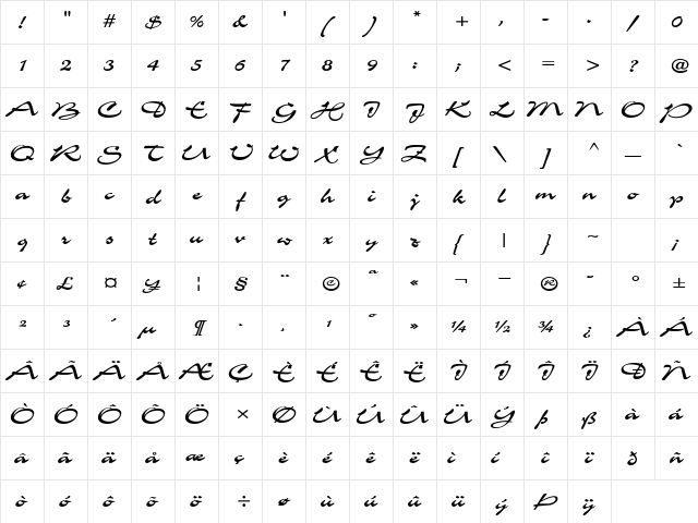 Scheherezade Bold Character Map