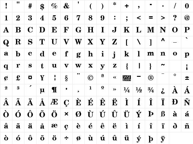 Schoolbook Bold Character Map