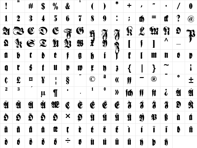 Schmale Anzeigenschrift Zier Regular Character Map