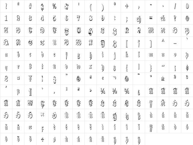 Schmalfette Fraktur Schattiert Regular Character Map