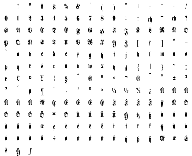 Schmalfette Fraktur Regular Character Map
