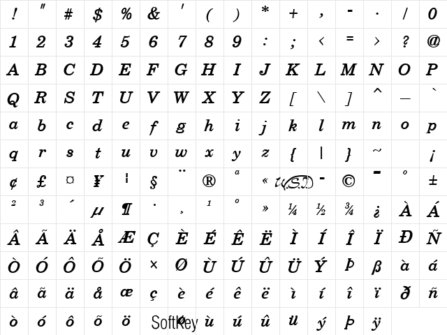 Schoolbook Bold Italic Character Map