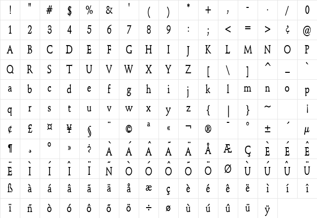 Schroeder Condensed Bold Character Map