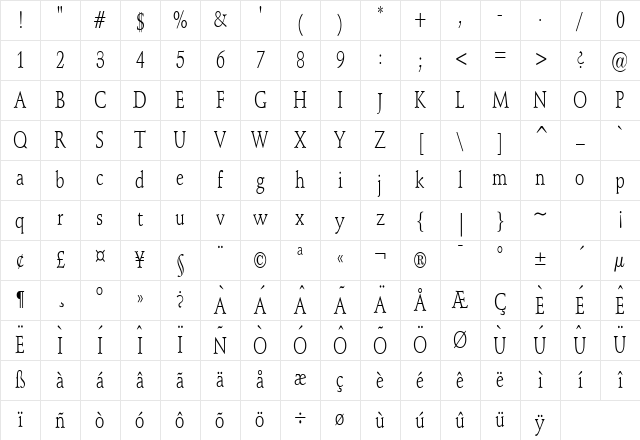 Schroeder Condensed Normal Character Map Schroeder Condensed Normal Character Map