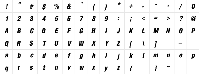 SwitzerlandCondBlackItalic Regular Character Map