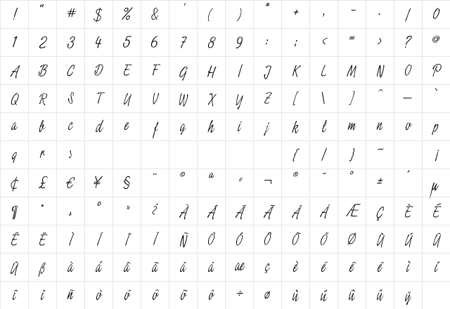 Script2 ExtraLight Character Map