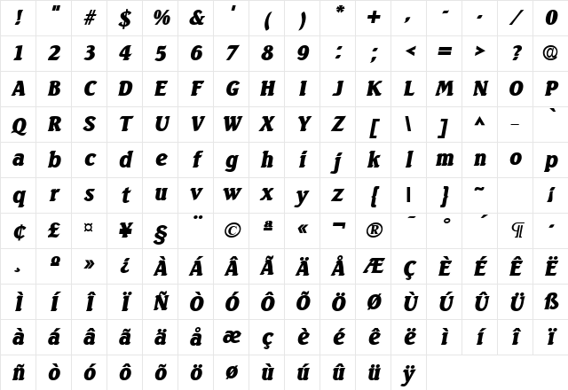 Seabird Heavy SF Bold Italic Character Map
