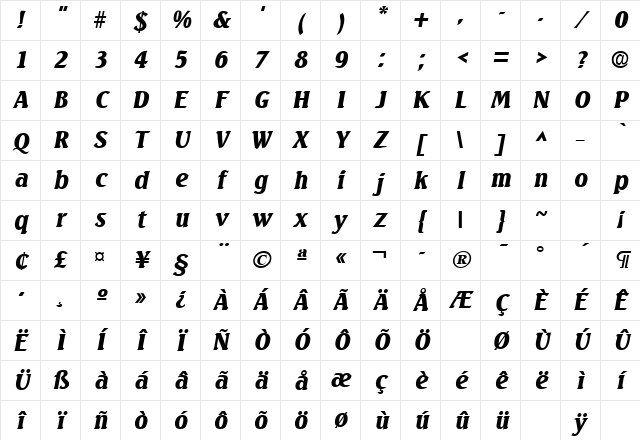 Seagull Bold Italic Character Map