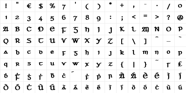 Seanchl￿bh Regular Character Map