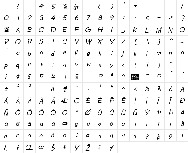 SecondGrader kursiv Character Map SecondGrader kursiv Character Map