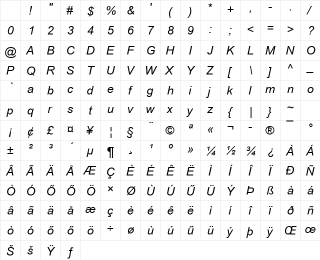Arial HU Italic Character Map Arial HU Italic Character Map