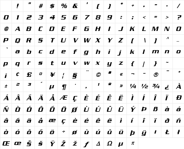 Serpentine ICG Oblique Character Map